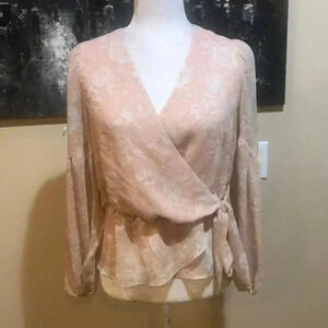 EXPRESS Floral Print Orange and Cream Wrap Blouse V-Neck-Size M